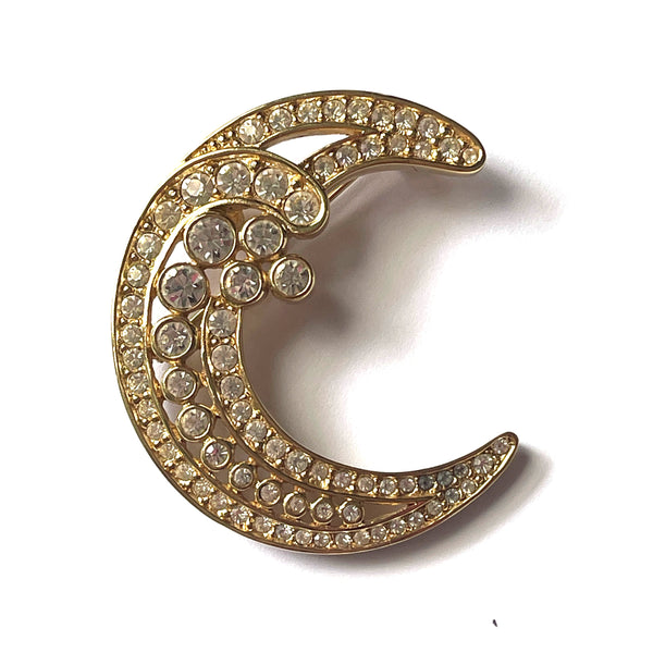 Christian Dior Signed Rhinestone Crescent Moon Brooch-Christian Dior-Vintage Online