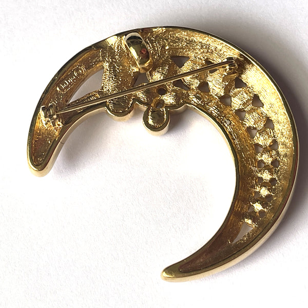 Christian Dior Signed Rhinestone Crescent Moon Brooch-Christian Dior-Vintage Online