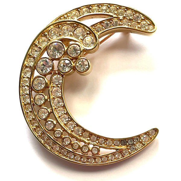 Christian Dior Signed Rhinestone Crescent Moon Brooch-Christian Dior-Vintage Online