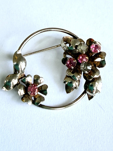 Circular Silver tone Pink Rhinestone Vintage Brooch-Vintageonline-Vintage Online