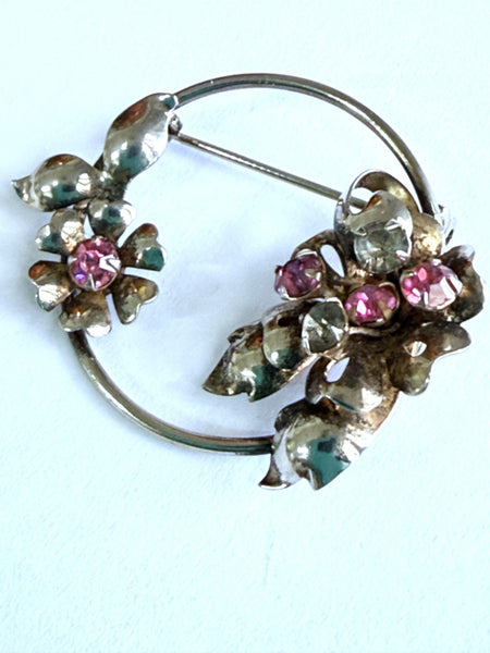Circular Silver tone Pink Rhinestone Vintage Brooch-Vintageonline-Vintage Online