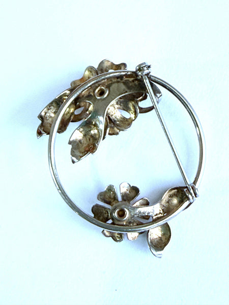 Circular Silver tone Pink Rhinestone Vintage Brooch-Vintageonline-Vintage Online