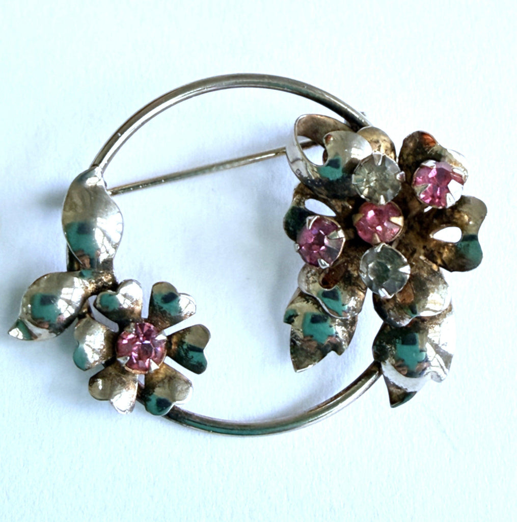 Circular Silver tone Pink Rhinestone Vintage Brooch-Vintageonline-Vintage Online