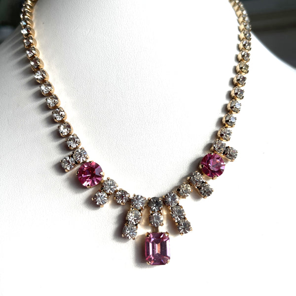 Clear & Pink Rhinestone in Gold tone Vintage Necklace-Vintageonline-Vintage Online