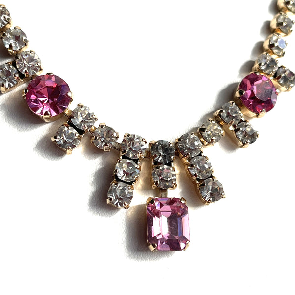 Clear & Pink Rhinestone in Gold tone Vintage Necklace-Vintageonline-Vintage Online
