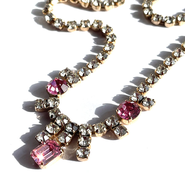 Clear & Pink Rhinestone in Gold tone Vintage Necklace-Vintageonline-Vintage Online