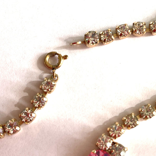 Clear & Pink Rhinestone in Gold tone Vintage Necklace-Vintageonline-Vintage Online