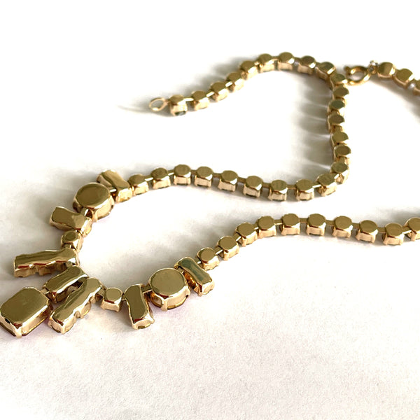 Clear & Pink Rhinestone in Gold tone Vintage Necklace-Vintageonline-Vintage Online