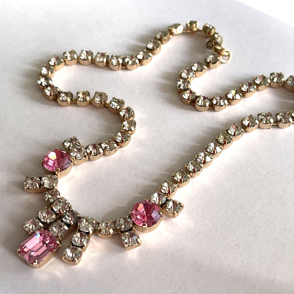 Clear & Pink Rhinestone in Gold tone Vintage Necklace-Vintageonline-Vintage Online