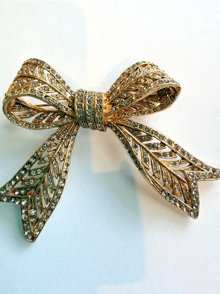 Clear Rhinestone & Gold Tone Bow Brooch-Vintageonline-Vintage Online