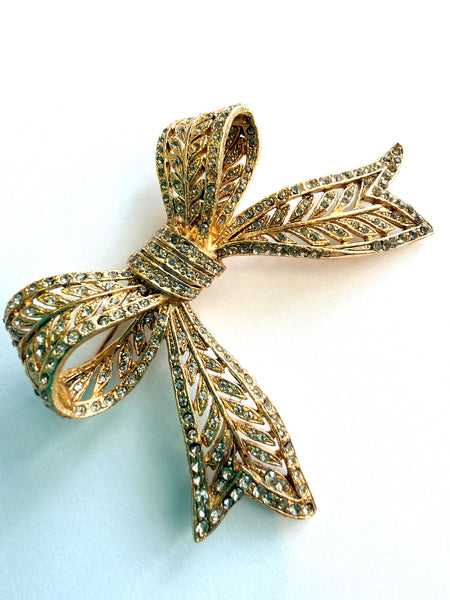 Clear Rhinestone & Gold Tone Bow Brooch-Vintageonline-Vintage Online