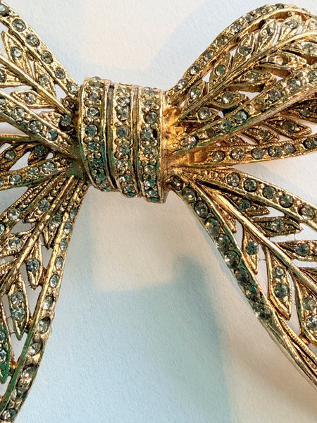 Clear Rhinestone & Gold Tone Bow Brooch-Vintageonline-Vintage Online