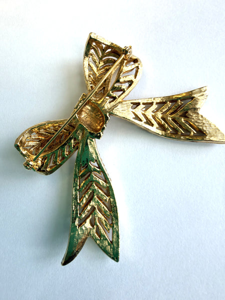 Clear Rhinestone & Gold Tone Bow Brooch-Vintageonline-Vintage Online
