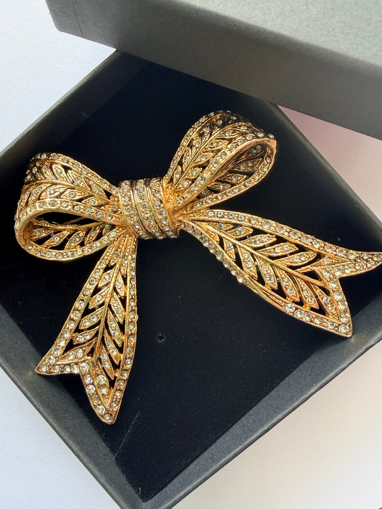 Clear Rhinestone & Gold Tone Bow Brooch-Vintageonline-Vintage Online