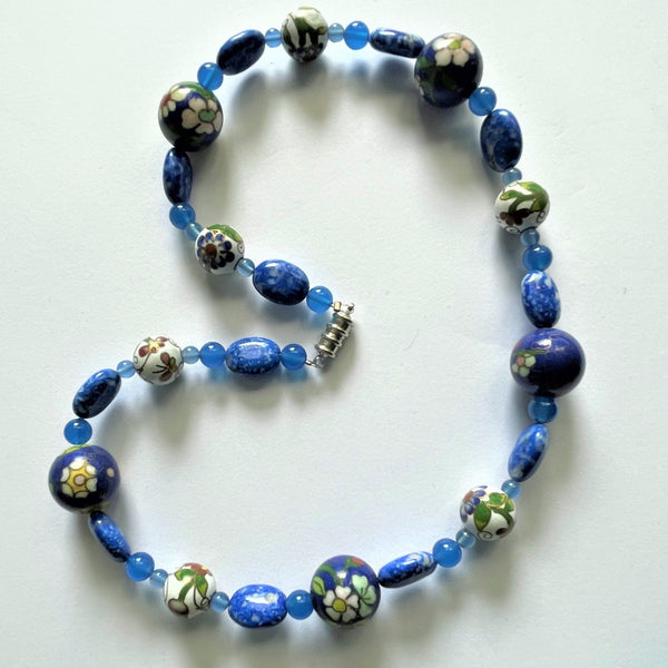 Cloisonne Blue Bead Necklace-Vintageonline-Vintage Online