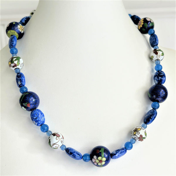 Cloisonne Blue Bead Necklace-Vintageonline-Vintage Online