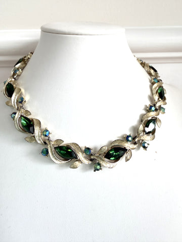 Coro Vintage Emerald Green Glass Marquise Cut & Aurora Borealis Rhinestone Necklace-CORO-Vintage Online