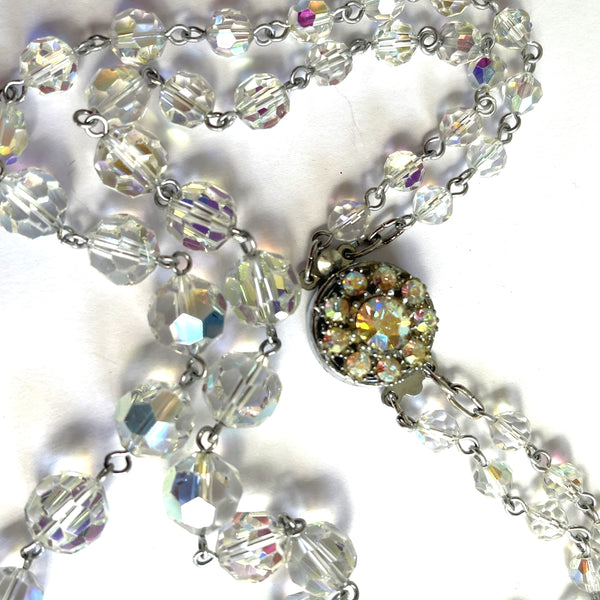 Crystal Mid Century Double Strand Necklace with Aurora Borealis Clip-Vintageonline-Vintage Online