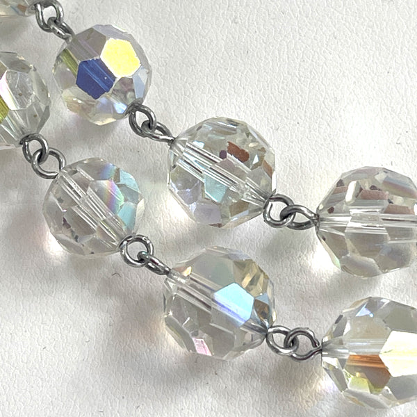 Crystal Mid Century Double Strand Necklace with Aurora Borealis Clip-Vintageonline-Vintage Online