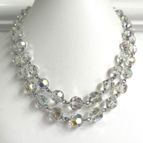 Crystal Mid Century Double Strand Necklace with Aurora Borealis Clip-Vintageonline-Vintage Online