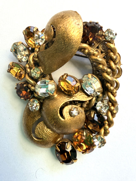 Crystal Rhinestone Brushed Gold Tone Mid Century Brooch-Vintageonline-Vintage Online