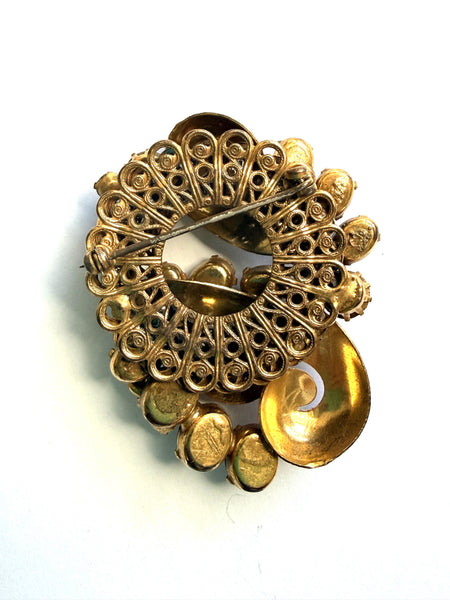 Crystal Rhinestone Brushed Gold Tone Mid Century Brooch-Vintageonline-Vintage Online