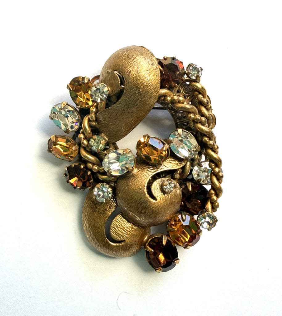 Crystal Rhinestone Brushed Gold Tone Mid Century Brooch-Vintageonline-Vintage Online