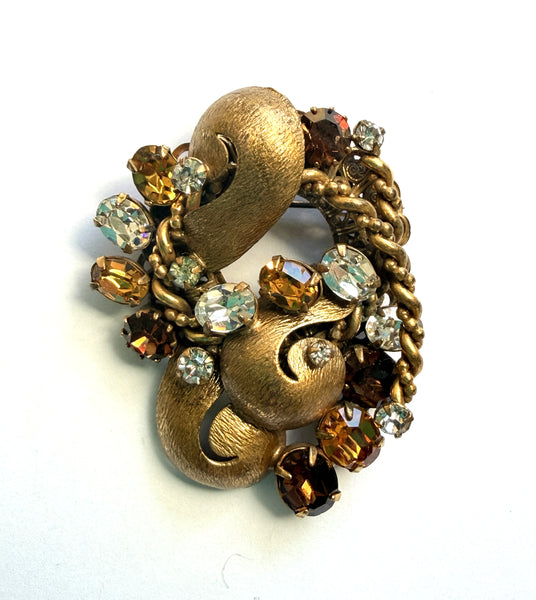 Crystal Rhinestone Brushed Gold Tone Mid Century Brooch-Vintageonline-Vintage Online