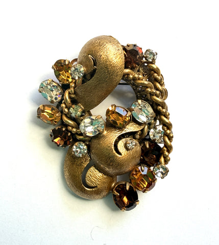 Crystal Rhinestone Brushed Gold Tone Mid Century Brooch-Vintageonline-Vintage Online
