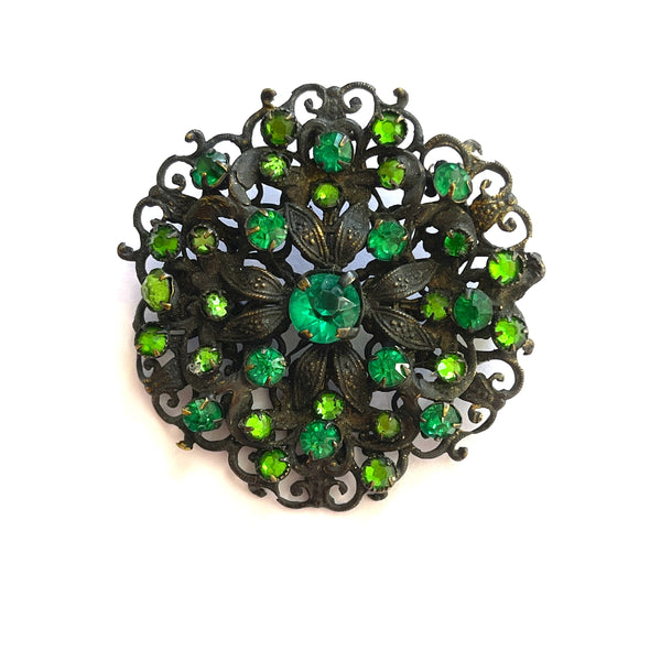 Czech Shades of Green 1930's Japanned Metal Vintage Brooch-Vintageonline-Vintage Online