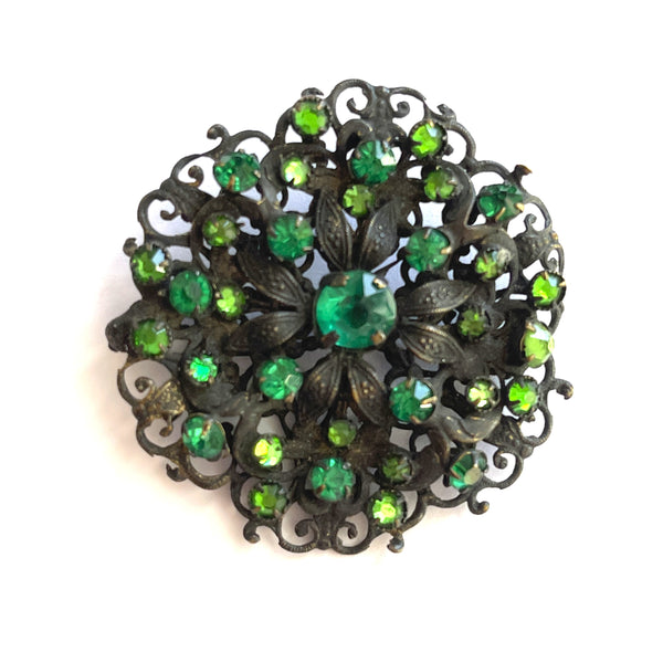 Czech Shades of Green 1930's Japanned Metal Vintage Brooch-Vintageonline-Vintage Online