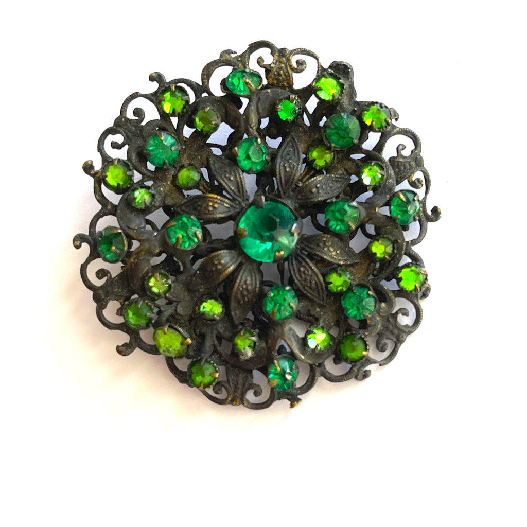Czech Shades of Green 1930's Japanned Metal Vintage Brooch-Vintageonline-Vintage Online