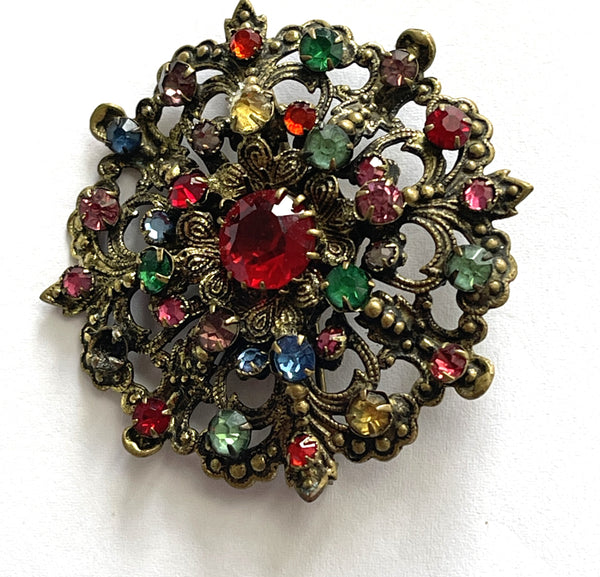 Czech Vintage Glass & Filigree 1930's Brooch-Vintageonline-Vintage Online