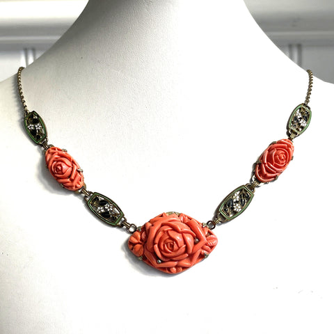 Czech Vintage Moulded Faux Coral Enamelled Necklace-Vintageonline-Vintage Online
