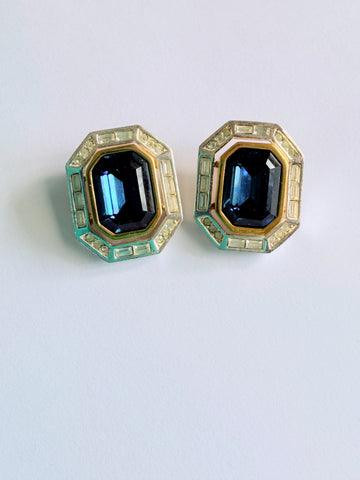 DIOR Vintage 80's Sapphire Blue Glass & Rhinestone Earrings-Vintage Online-Vintage Online