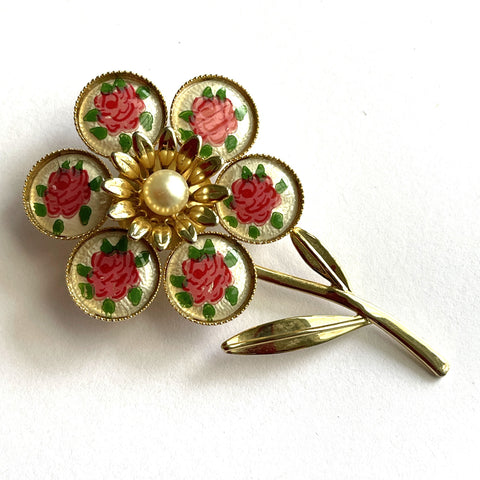 Dainty Vintage Guilloche Enamelled Flower Brooch-Vintageonline-Vintage Online