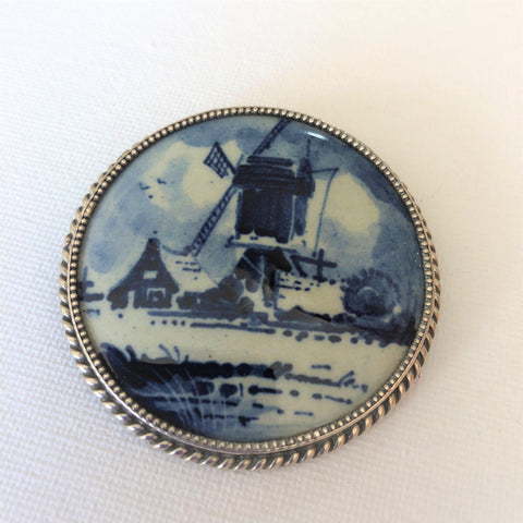 Delft Windmill Tourist Brooch set in silver frame. Vintageonline