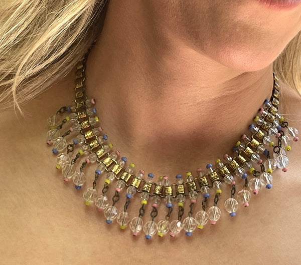 Early Mid Century Crystal Bead Book Chain Necklace-Vintageonline-Vintage Online