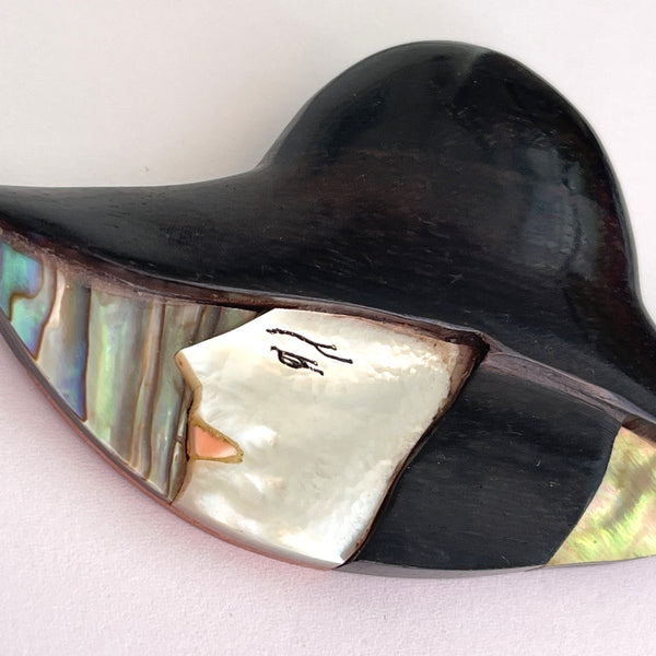 Ebony Wood and Mother Of Pearl Lady Head Brooch-Vintageonline-Vintage Online