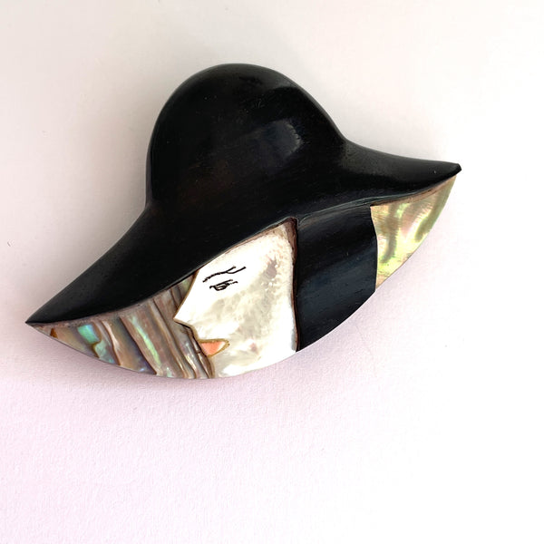 Ebony Wood and Mother Of Pearl Lady Head Brooch-Vintageonline-Vintage Online