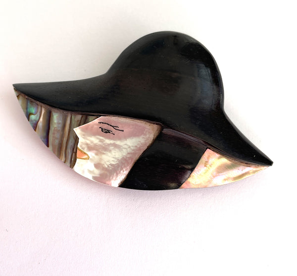 Ebony Wood and Mother Of Pearl Lady Head Brooch-Vintageonline-Vintage Online