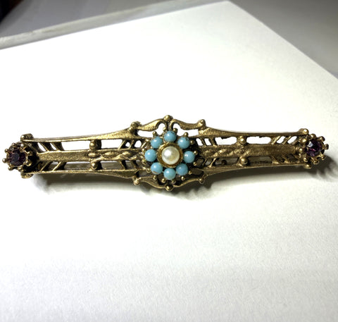 Edwardian Style Turquoise Glass Mid Century Bar Brooch-Vintageonline-Vintage Online