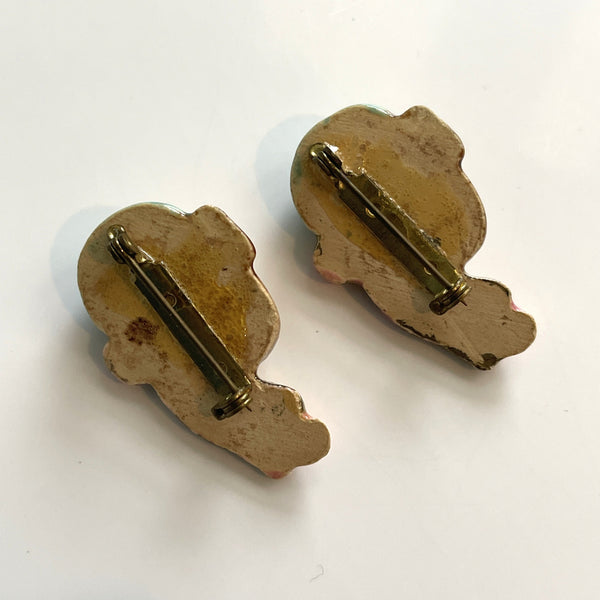 Elzac Ceramic 1940's Brooch Pair-Elzac, USA-Vintage Online