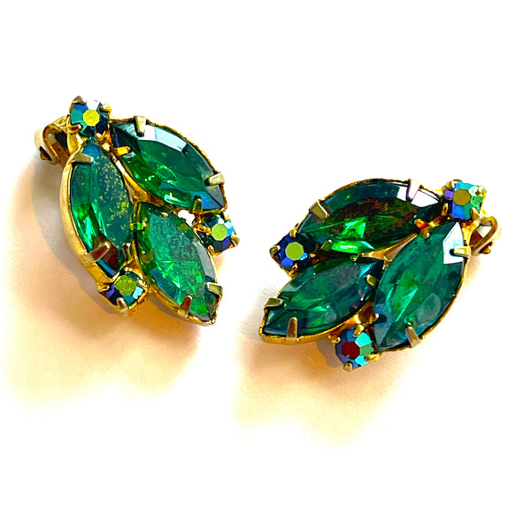 Emerald Green Rhinestone Clip Earrings-Vintage Online-Vintage Online