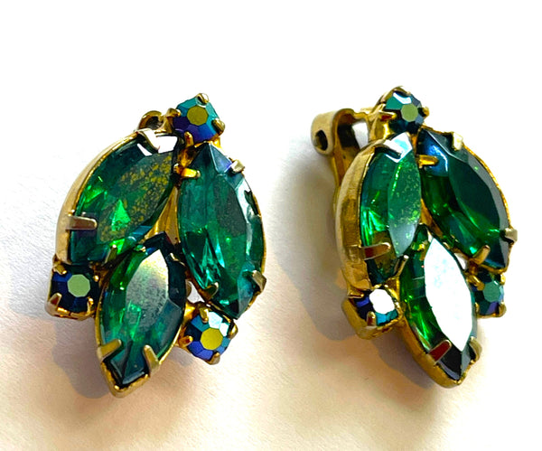 Emerald Green Rhinestone Clip Earrings-Vintage Online-Vintage Online