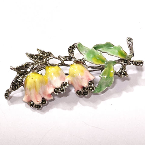 Enamel & Marcasite Flower Vintage Brooch-Vintageonline-Vintage Online