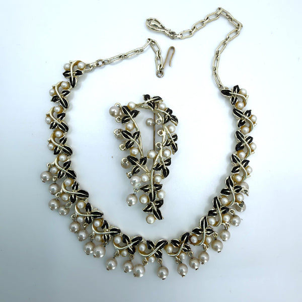 Enamel and Pearl Vintage 60's Necklace & Brooch-Vintageonline-Vintage Online