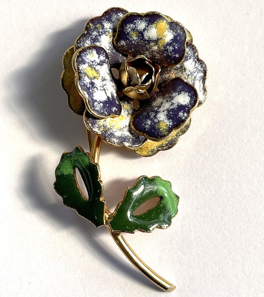 Enamelled Flower Head & Leaves Vintage Brooch-Vintageonline-Vintage Online