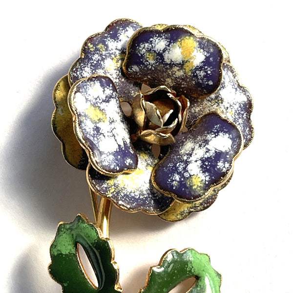 Enamelled Flower Head & Leaves Vintage Brooch-Vintageonline-Vintage Online