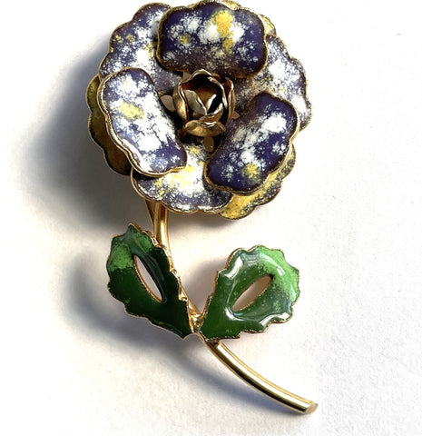 Enamelled Flower Head & Leaves Vintage Brooch-Vintageonline-Vintage Online
